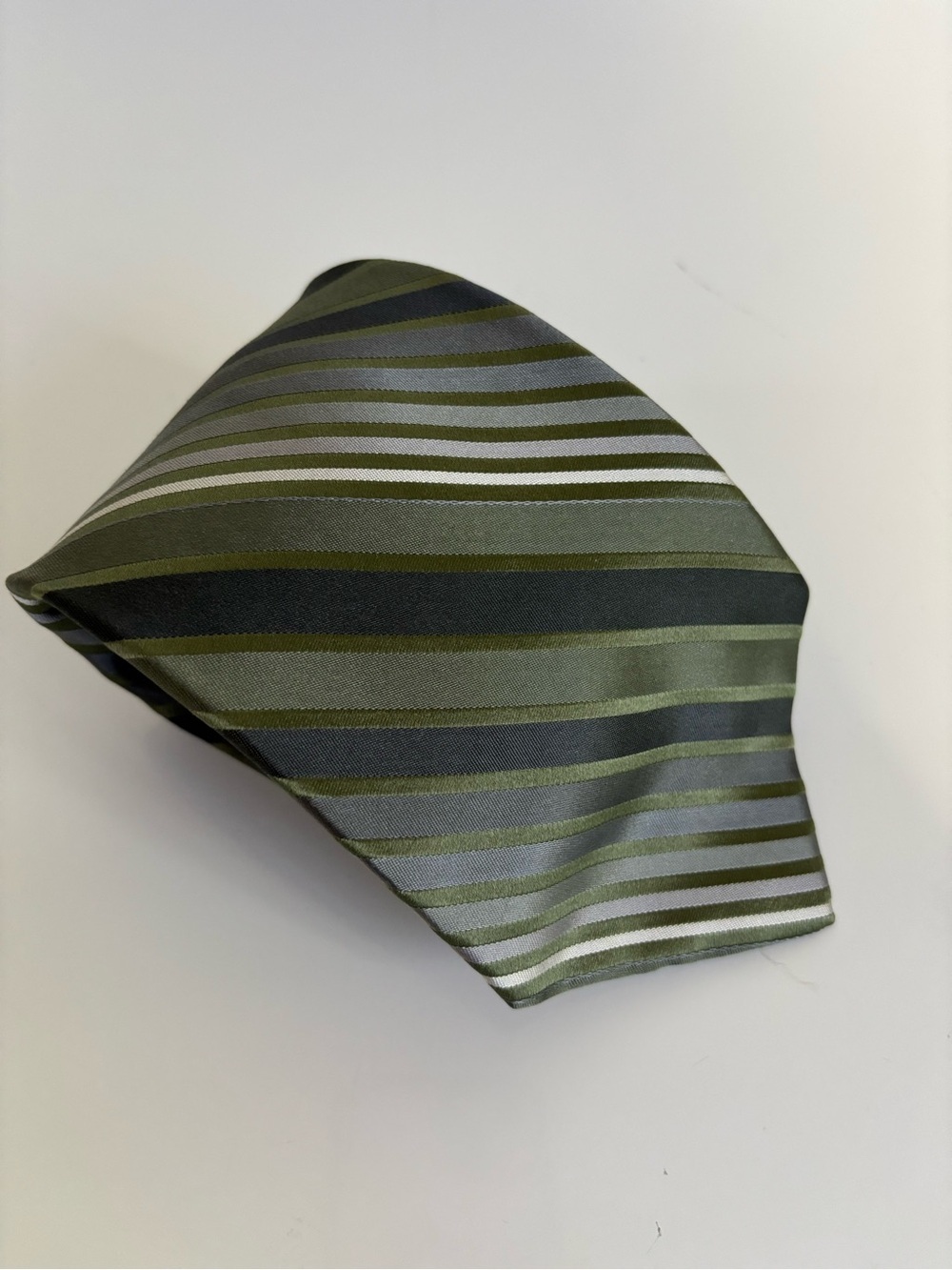 Vintage Perry Ellis Olive and Gray Striped Men's Tie